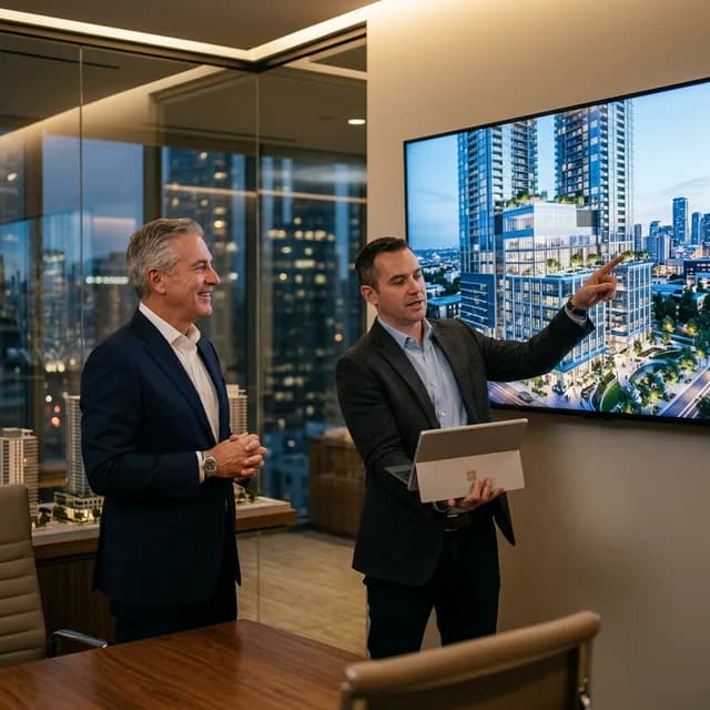 Presenting Spatial Reality During The Pitch Construction manager presenting a stunning 3D architectural rendering on a large 4K wall monitor to an impressed developer client