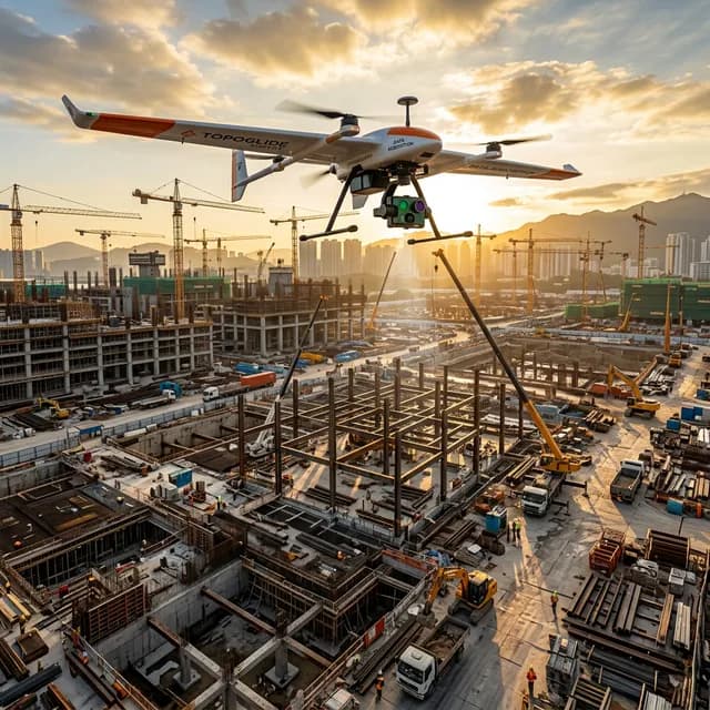 Photogrammetry and Topographic 3D Scanning Professional survey drone hovering over a commercial construction site capturing data for a 3D topographic model during golden hour