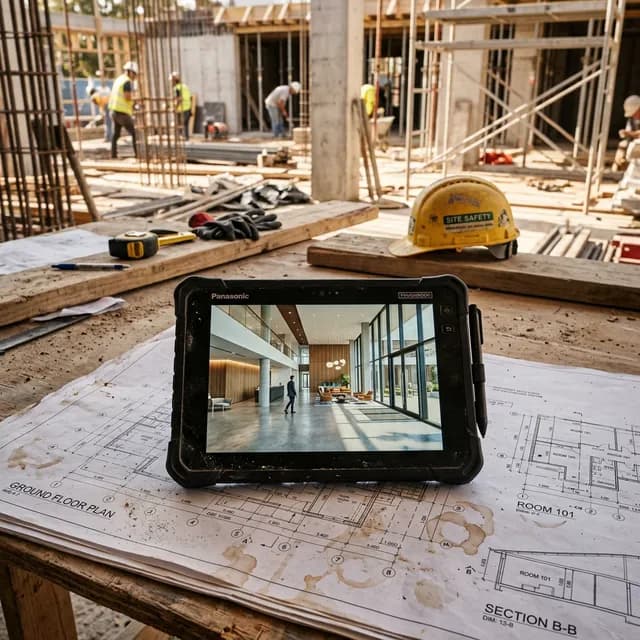 Field Validation Using 3D Models Rugged tablet resting on paper blueprints at a dusty construction site displaying a hyper-realistic 3D walkthrough