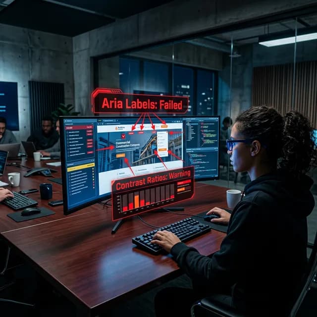 Surgical Auditing: Finding the Catastrophes the Bots Target Elite digital accessibility engineer testing a commercial site with red warning metrics layered on screen