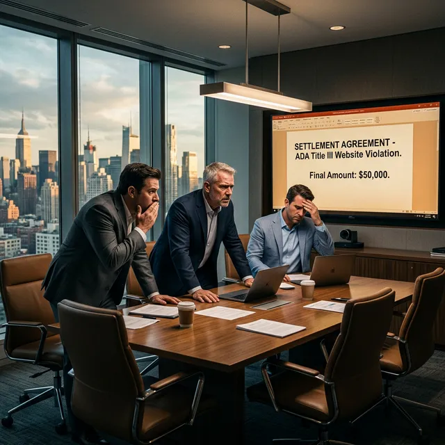 The Panic Associated with Undefended Margins Three terrified construction executives in a luxury glass conference room staring at a $50,000 legal settlement on a monitor