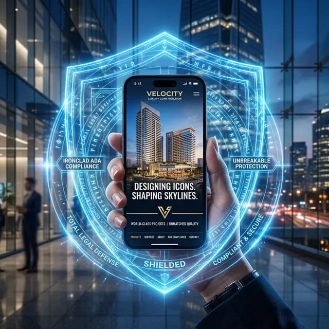 The Elite Armor of Pristine Front-End Architecture High-end construction website on mobile protected by a futuristic, blue transparent holographic shield symbolizing legal compliance