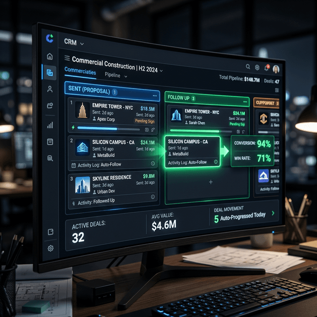 The Invisible Machine: Active CRM Automation A macro shot of an active CRM pipeline showing deals moving automatically.