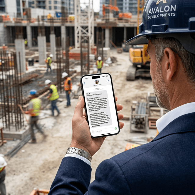 Surgical SMS: The Ultimate Open Rate A developer looking at a high-end, automated SMS text from a contractor.