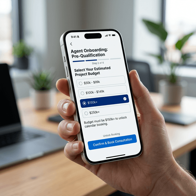 The Digital Barricade: Forcing reality before the phone rings. A sleek smartphone displaying an automated pre-qualification form requiring a client to select a budget range of 150k