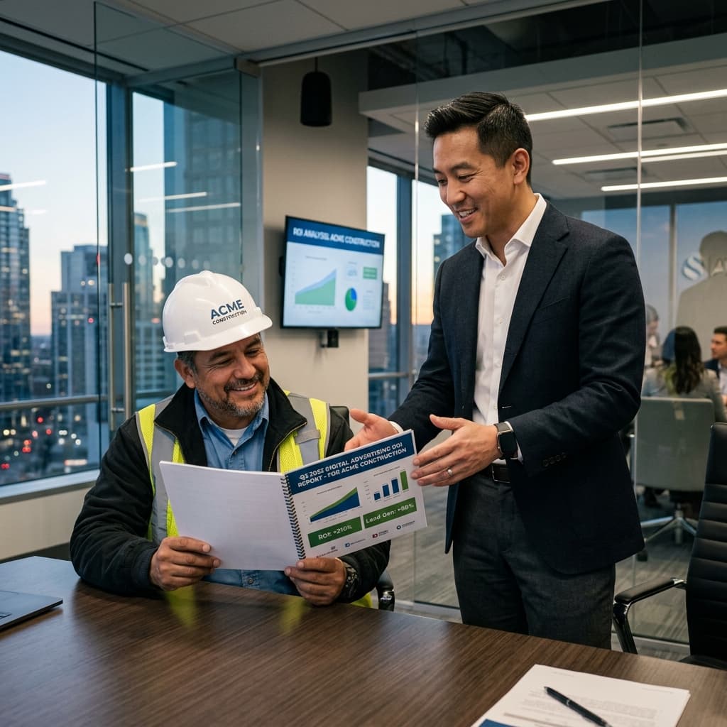 Targeting B2B Executive Decision Makers A hyper-professional boardroom meeting between an architect in a hard hat and a high-end corporate executive.