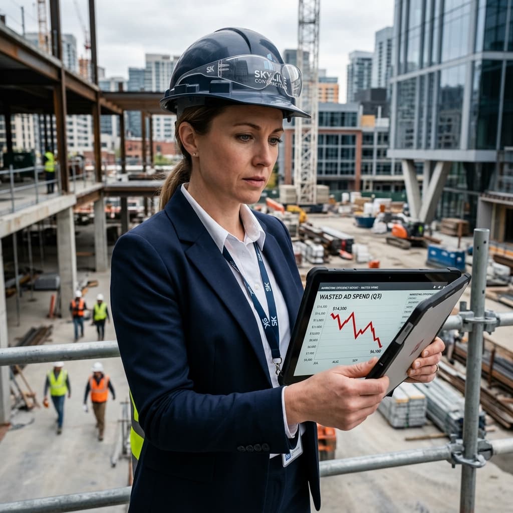 The Financial Leakage of Bad Ads A frustrated accounting executive pointing a luxury pen at a warning indicator on a financial metrics dashboard.