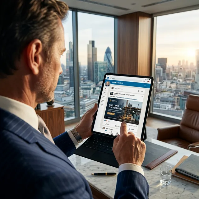 Infiltrating the Executive Attention Span Wealthy real estate developer in a high-rise office holding an iPad Pro scrolling through a professional LinkedIn feed showing a sponsored commercial contractor ad