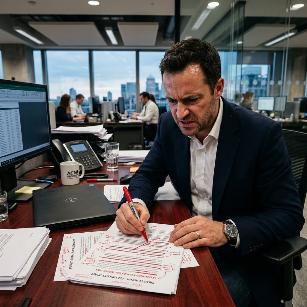 Erradicando El Relleno Un ejecuvito rayando un guion malo de copia corporativa.