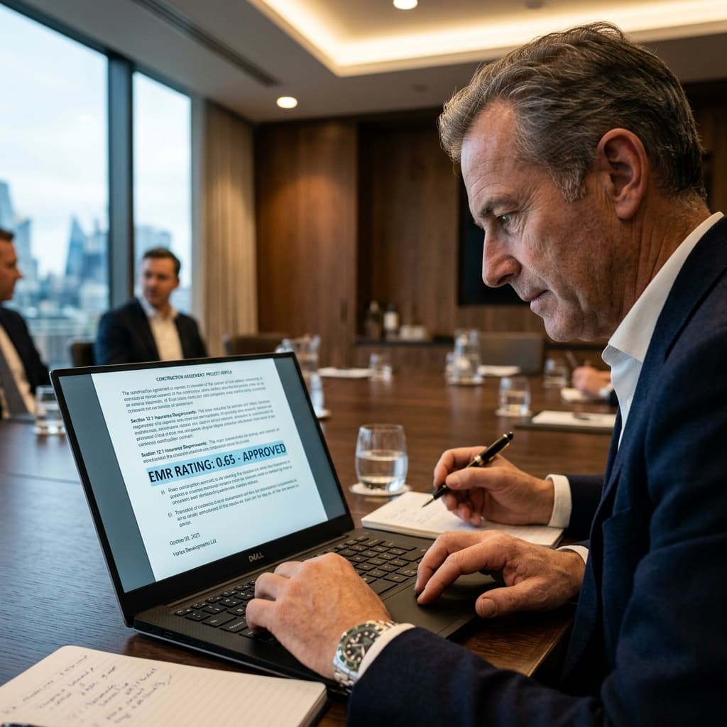 Métricas en Boardrooms Un alto ejecutivo mirando el estricto EMR test en inglés en su laptop mate.