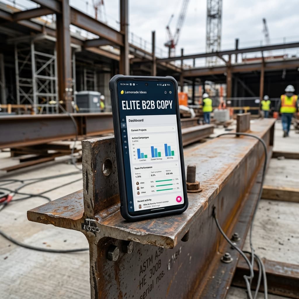 Autoridad Digital B2B Smartphone sobre vigas de acero mostrando el copiado de élite en inglés.
