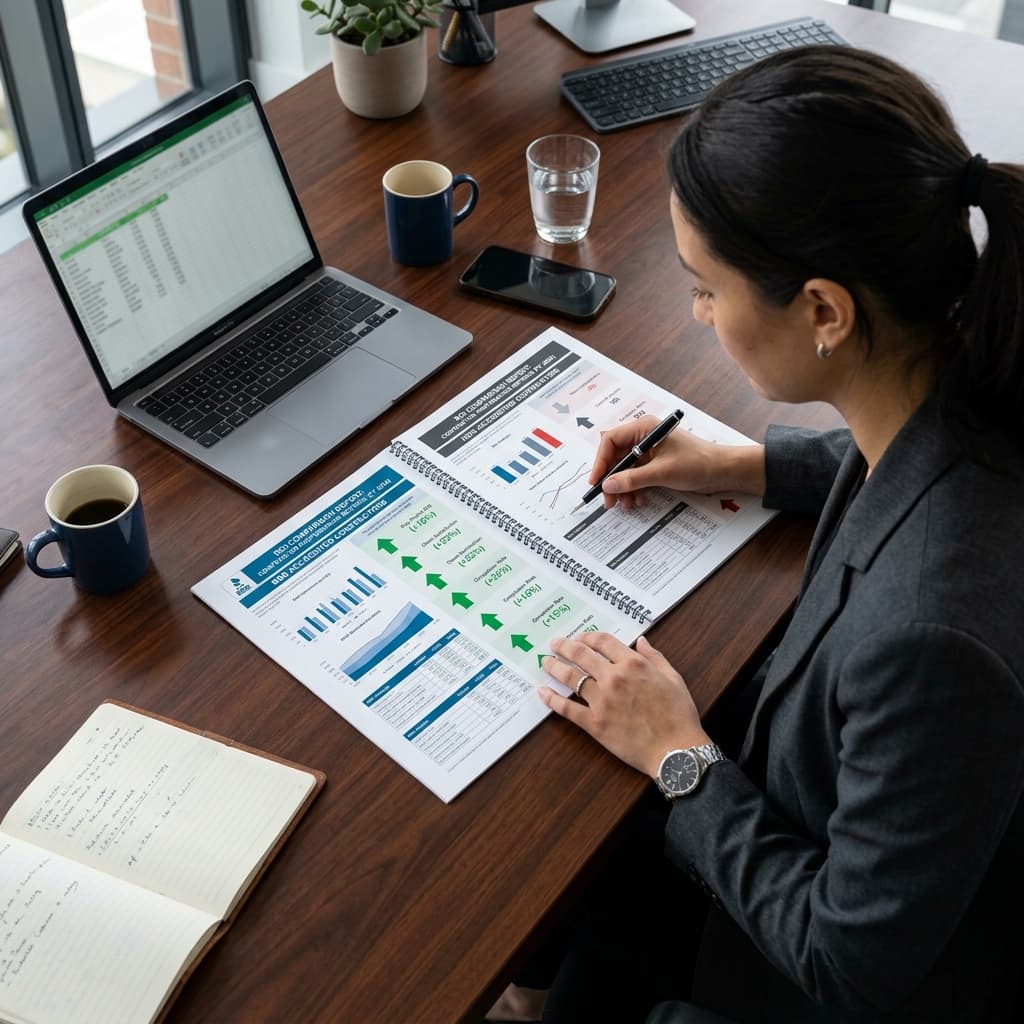 The ROI Analysis Corporate analyst reviewing a printed ROI comparison report showing BBB accredited vs non-accredited contractor performance metrics