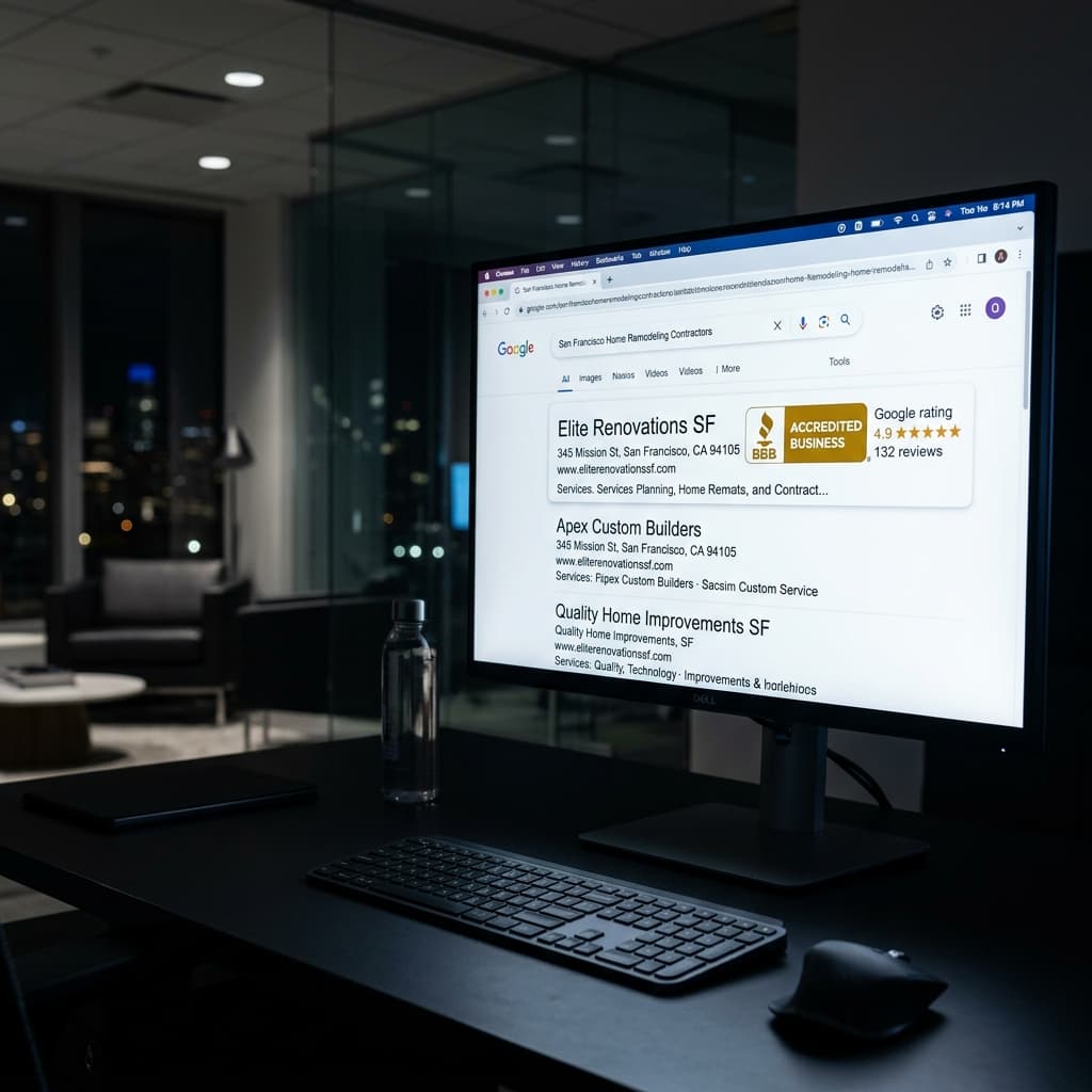 The Algorithmic Trust Display Monitor showing Google search results with a BBB accredited business badge displayed next to a contractor listing