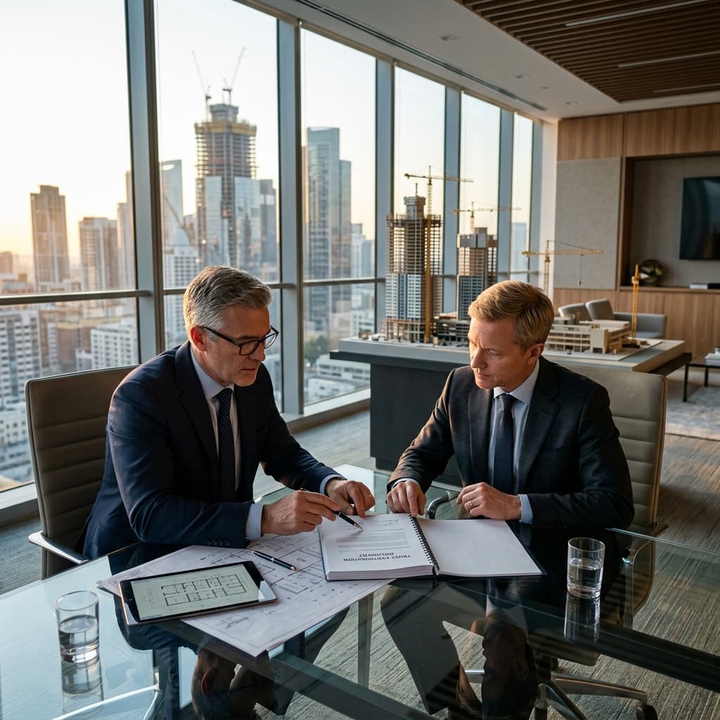 The Trust Architecture Review Two executives reviewing a trust certification document at a glass conference table with architectural models in the background