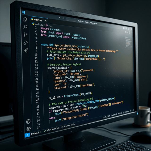 API Connections: The Invisible Goldmine A macro shot of dynamic API code linking a construction website to enterprise software.