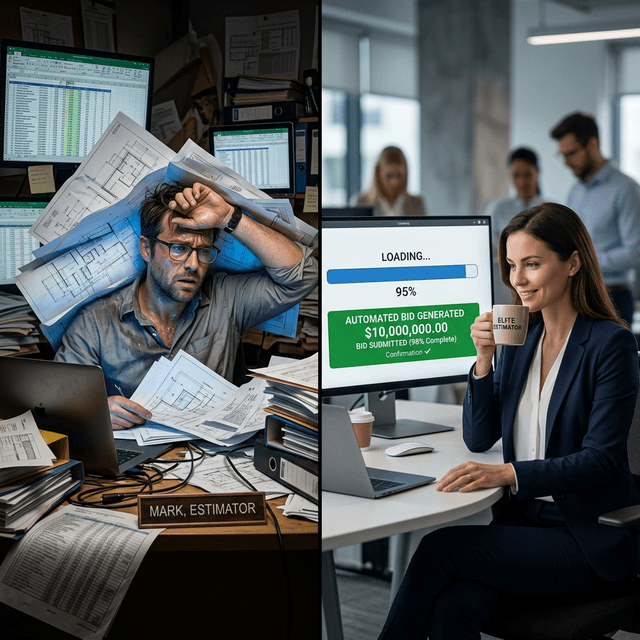 The Choice: Manual Chaos vs Automated Precision Split screen: A sweating, stressed estimator looking at Excel vs a calm, elite estimator sipping coffee as a $10M automated bid loads instantly.