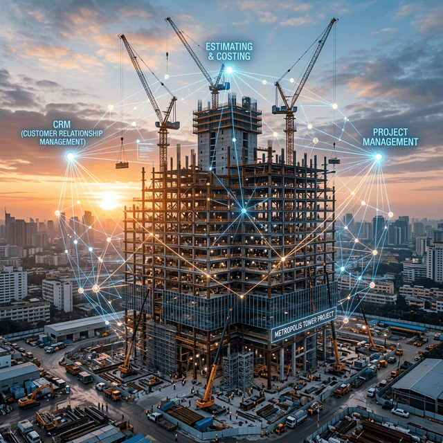 Unified Data Scales Massive Projects A massive, awe-inspiring commercial skyscraper construction project at dawn surrounded by digital nodes.