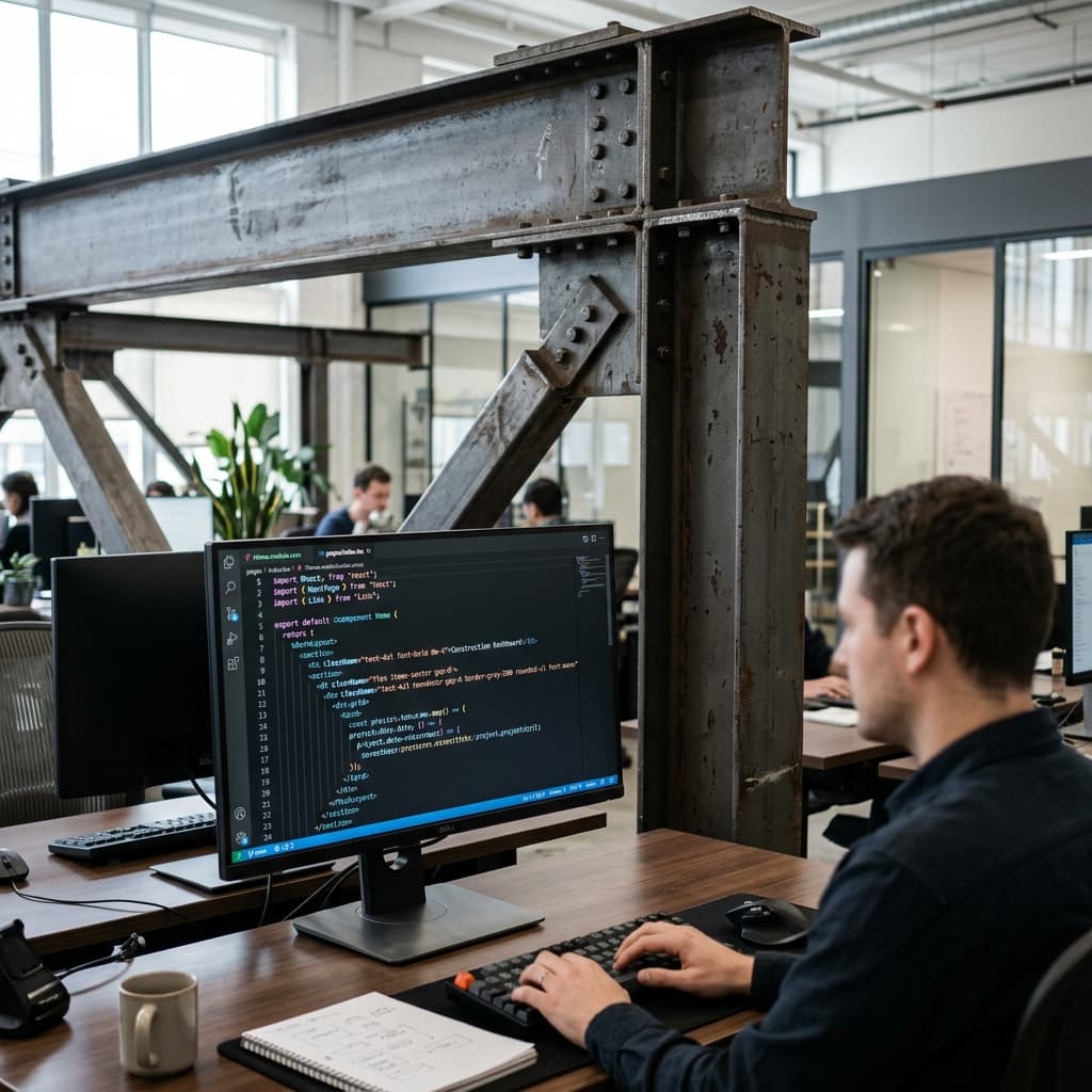 Sinopsis de Acero y Código Matrix Malla estructural de vigas soportando una pantalla con codificación en vivo implacable.