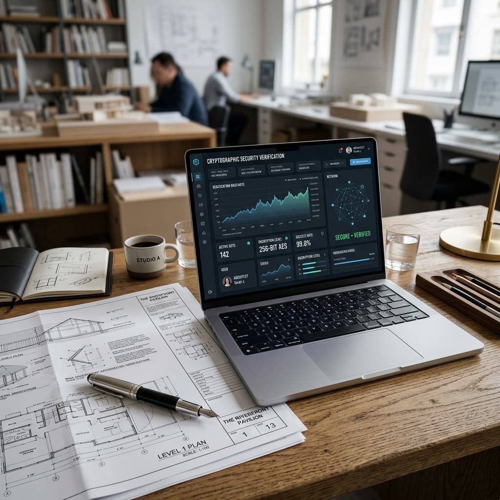 Cryptographic verification dashboards in modern underwriting. A close-up, photorealistic shot of an architect's desk with a high-end metal laptop displaying a cryptographic security verification dashboard with graphs and data points.