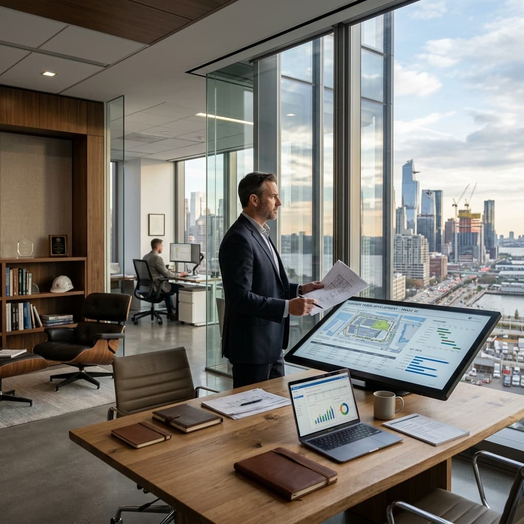 The Executive Hub of Operations A photorealistic, grounded shot of a modern, clean construction management office with a large window overlooking a city skyline. The interior is minimal and high-end.
