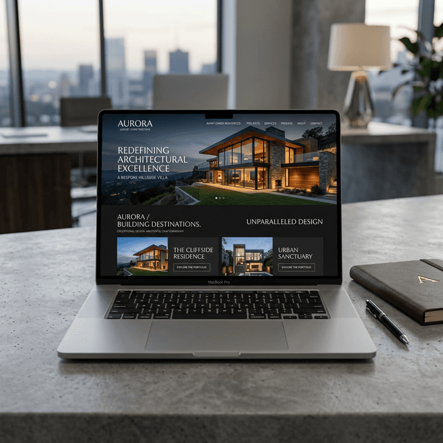 Una huella digital premium es la piedra angular de la confianza B2B Una MacBook moderna que muestra un impresionante sitio web de construcción de lujo en modo oscuro sobre un escritorio de concreto pulido