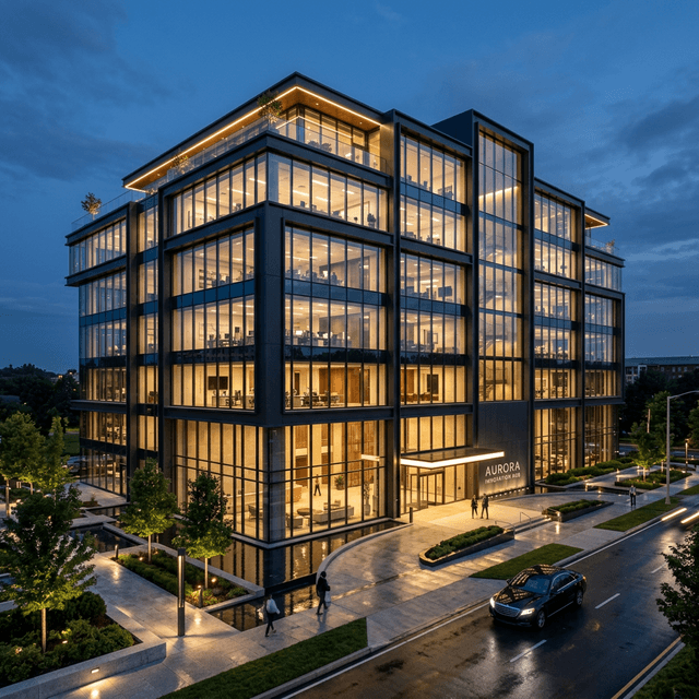 El objetivo final: una ejecución impecable sinónimo de su marca Una impresionante toma arquitectónica de un exterior de edificio comercial moderno de ultra lujo al atardecer, que representa una calidad de construcción de alta gama