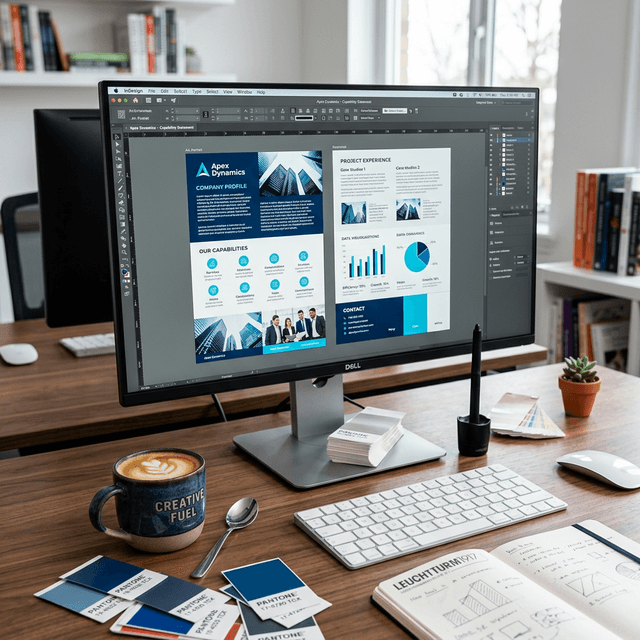Professional Capability Statement Design Graphic designer workspace showing a modern capability statement layout on a computer monitor
