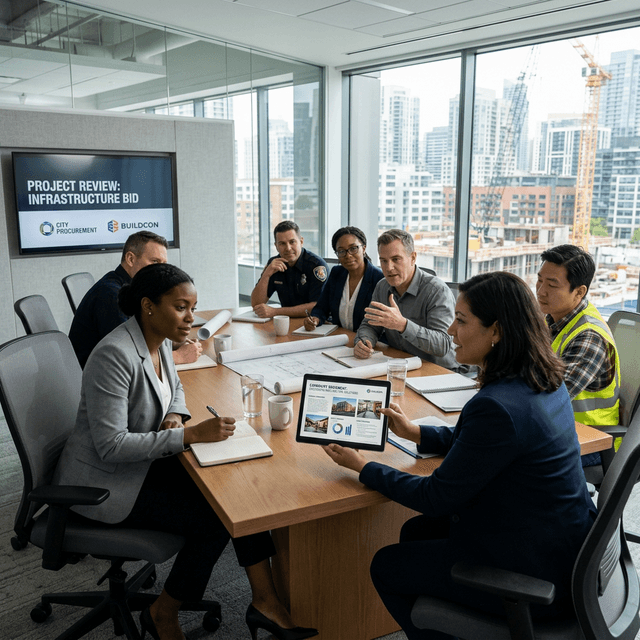 Procurement Review Meeting Contractors and government procurement officers reviewing a capability statement on a tablet in a meeting room