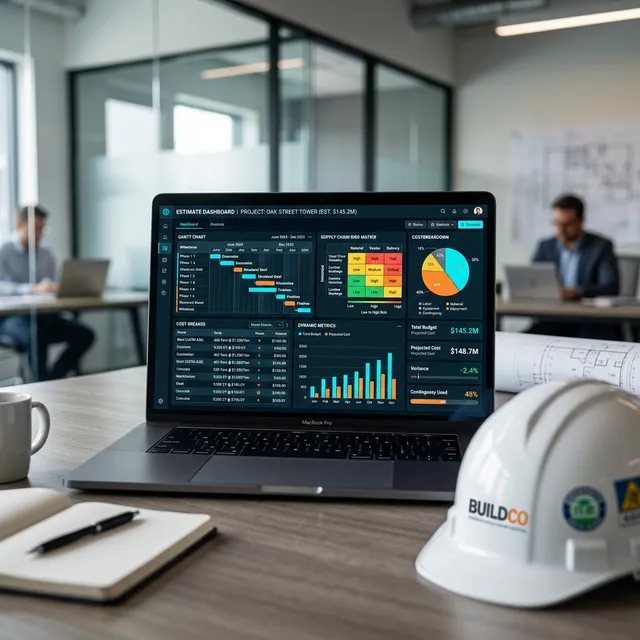 The Flawless Architecture of Logistics & Data Hyper-detailed close-up of a premium glowing laptop screen showing a flawless commercial construction estimating dashboard with data points and Gantt charts