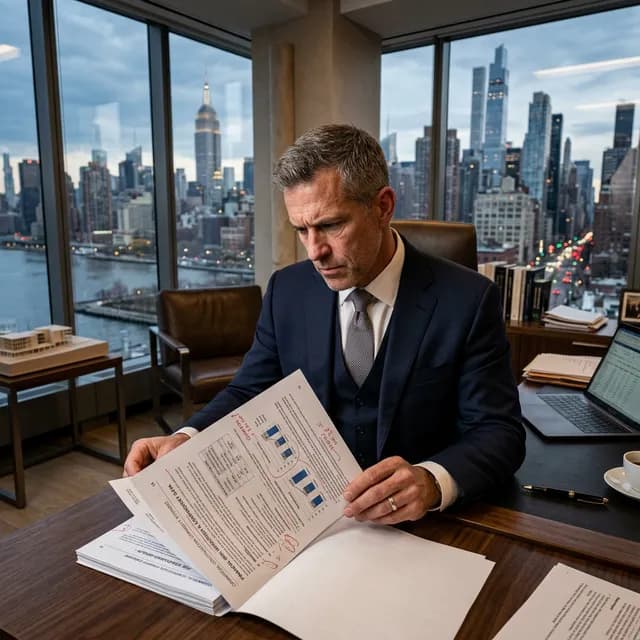 The Ruthless Eye of Risk Assessment Highly intelligent real estate developer in a high-end corner office aggressively scrutinizing a dense commercial construction capability statement