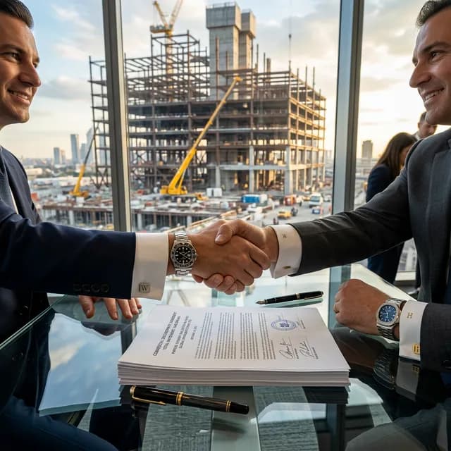The Ultimate B2B Acquisition Triumph Photorealistic low angle shot of a massive multi-million dollar commercial contract being signed on a glass conference table with two executives shaking hands