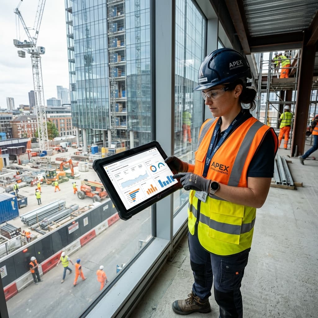 Data-Driven Commercial Builder Marketing Analytics A commercial builder executive reviewing advanced digital marketing analytics on a large monitor in a corporate office.