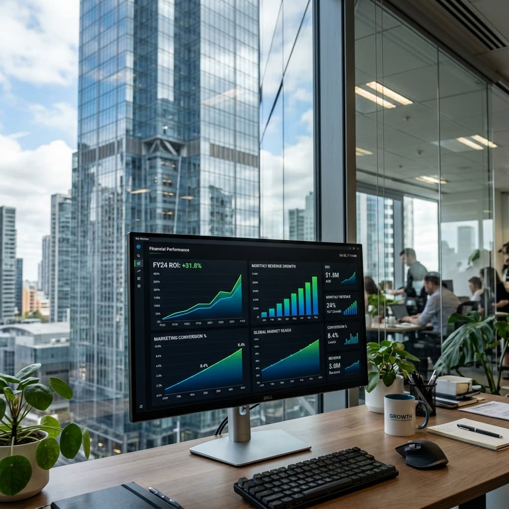 Exponential ROI from Strategic Commercial Builder Marketing A dramatic upward-trending ROI graph overlaid on a commercial construction skyline at golden hour.