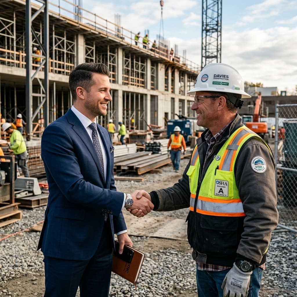 Securing High-Value Commercial Contracts Through Digital Trust Two senior executives shaking hands over a signed commercial construction contract with blueprints spread across a mahogany conference table.