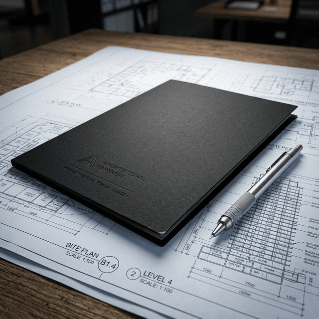 Presentación de datos de construcción comercial sobre planos de proyectos complejos Una carpeta de presentación negra mate de alta gama sentada completamente sobre planos arquitectónicos comerciales