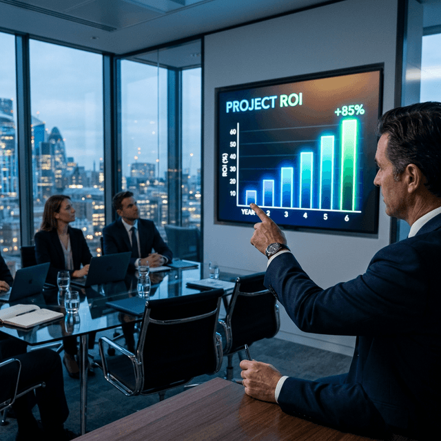 Presentación de métricas de ROI a ejecutivos para un contrato de construcción premium Sala de juntas con paredes de vidrio y pantalla que brilla con un gráfico de barras etiquetado como ROI del Proyecto de marketing