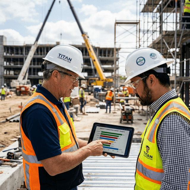 Gerentes de proyectos de construcción revisando datos en un sitio de trabajo comercial activo Ejecutivos de construcción con cascos blancos revisando una métrica gráfica en un iPad en un sitio comercial