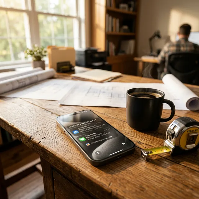 Sistemas Automatizados de Seguimiento de Construcción Smartphone moderno sobre un escritorio de madera ejecutando alertas de automatización de textos