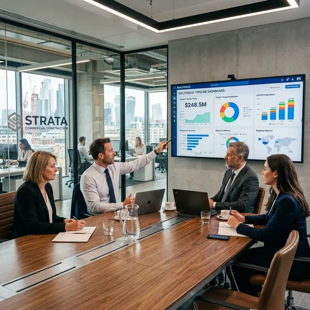 Reunión Ejecutiva de la Estrategia del Embudo Sala de juntas corporativa en una firma constructora donde ejecutivos debaten los números del embudo en una pantalla grande