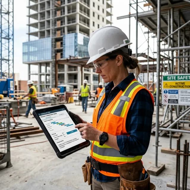 Sincronización del CRM del Campo a la Oficina Superintendente de construcción en una obra comercial activa sosteniendo una tableta resistente buscando en la aplicación moderna del CRM
