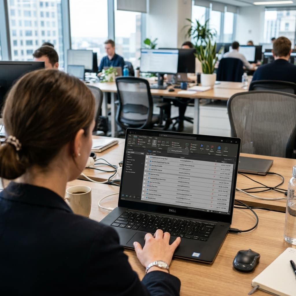 Erradicación de Correos Débiles Un buzón comercial abarrotado desde encima del hombro siendo masacrado a correos eliminados masivamente.