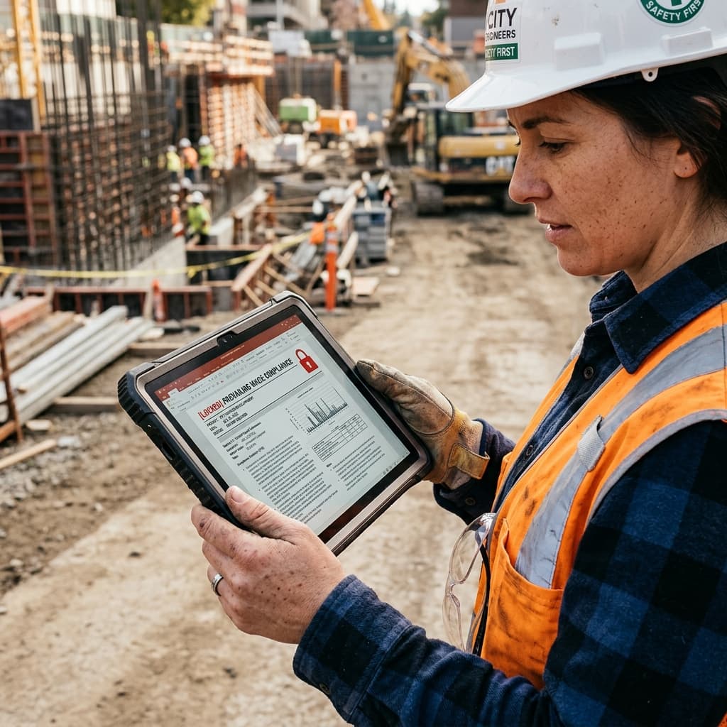 Inteligencia Restringida Premium Ingeniero civil portando tableta protegiendo guías locales bloqueadas perimetralmente.