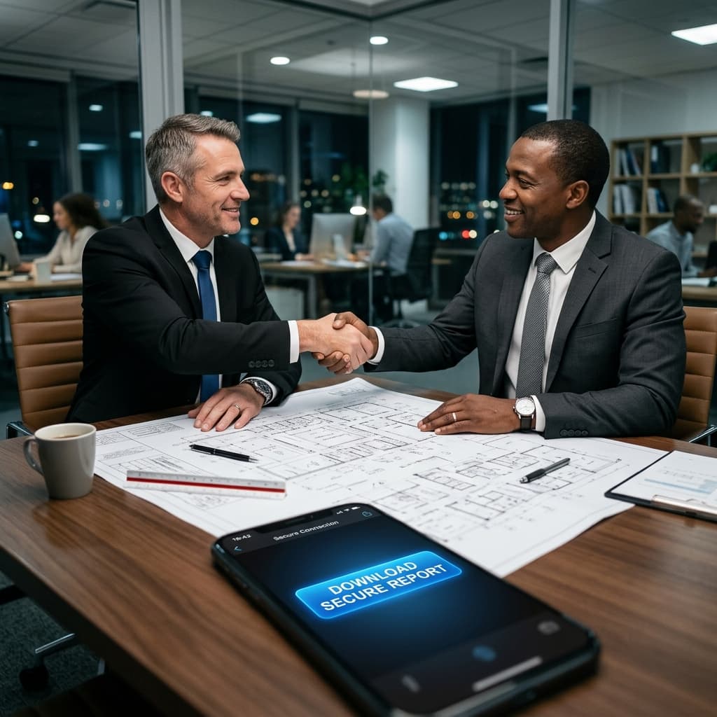 Control B2B y Generación Masiva Ejecutivos firmando y la aplicación pidiendo el reporte con botón de descarga firme y bloqueado en inglés.