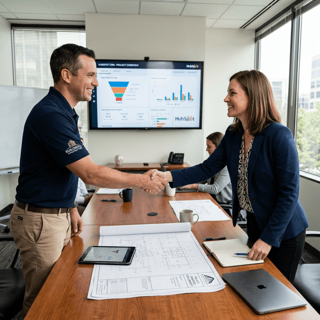 Closing high-ticket construction contracts utilizing structured CRM data and targeted inbound marketing Commercial construction contractor shaking hands with client after successful B2B marketing presentation