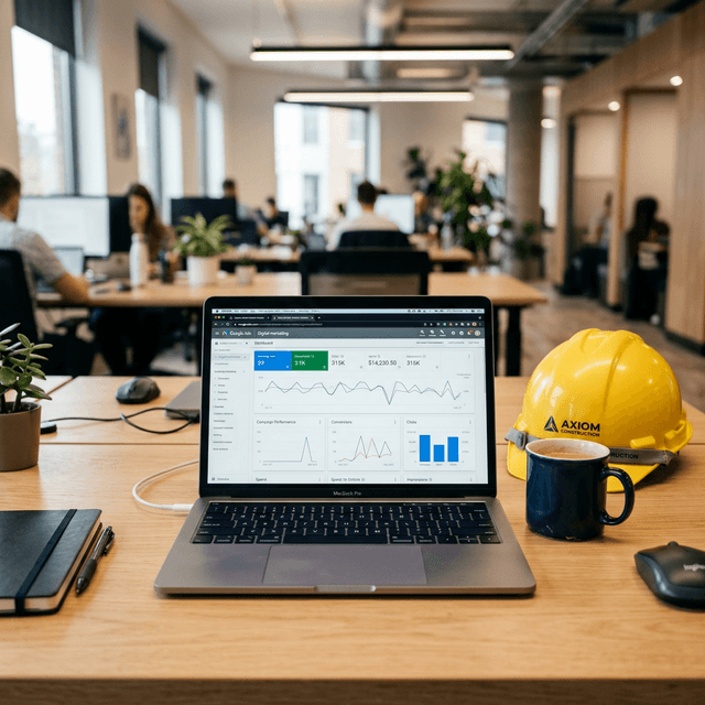 Tracking cost-per-lead and PPC analytics for commercial construction marketing campaigns Contractor reviewing Google Ads lead generation pipeline and ROI metrics on laptop in office
