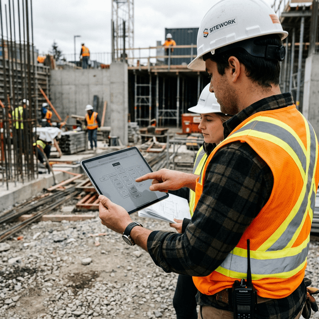 Construction team analyzing local SEO and website conversion metrics on the job site Construction project manager reviewing digital marketing analytics on iPad at California job site