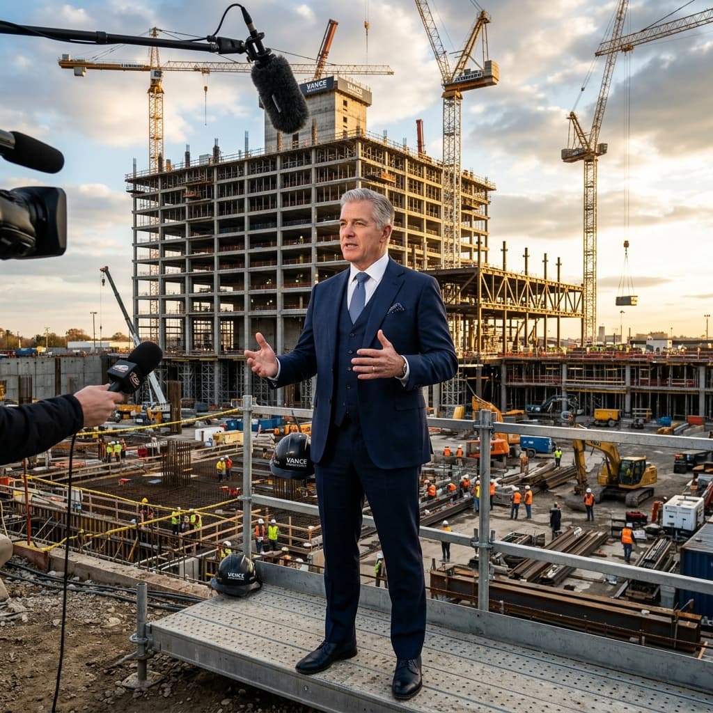 Commanding the Media Narrative Elite commercial construction CEO in a sharp dark suit giving an authoritative interview in front of a massive build