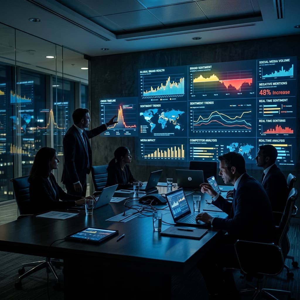 The Narrative Command Center Dark sleek corporate war room with PR executives reviewing massive project data analytics and brand sentiment charts
