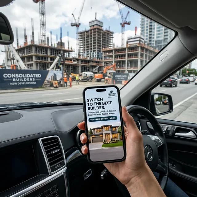 Targeting The Competitor's Real Estate Smartphone displaying a 'Switch to the Best Builder' competitive conquesting ad with a competitor's massive construction site blurred in the background