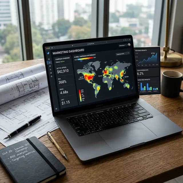 Measuring Geographic Conversion Footprints Dark-mode analytics software dashboard on a premium laptop displaying geographic heatmaps and high ROI metrics